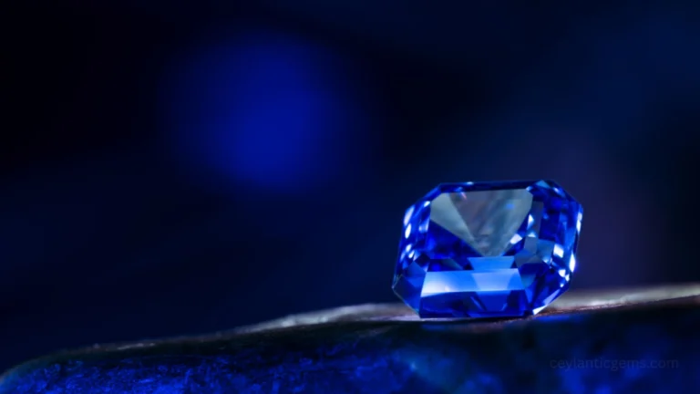 A stunning blue Ceylon sapphire from Sri Lanka set against a rich velvet background.